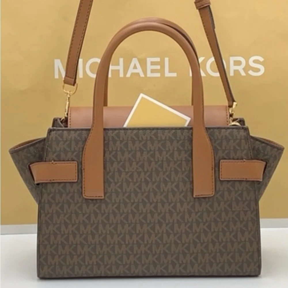 MICHAEL KORS Carmen Medium Faux Leather Belted Satchel Brown Signature color
